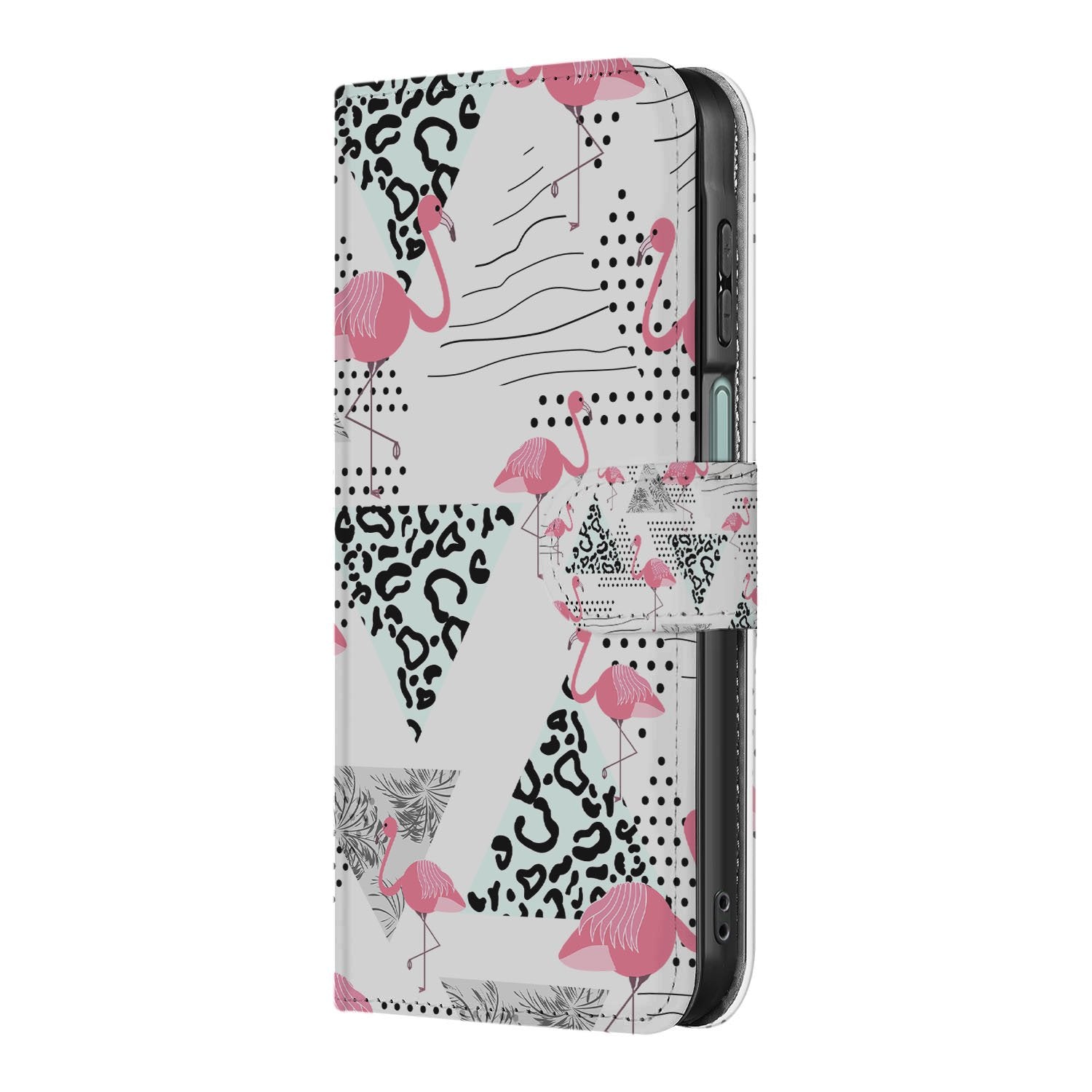Samsung Galaxy A17 Telefoonhoesje met Pasjes Flamingo Triangle boekhoesje flamingo design zijaanzicht
