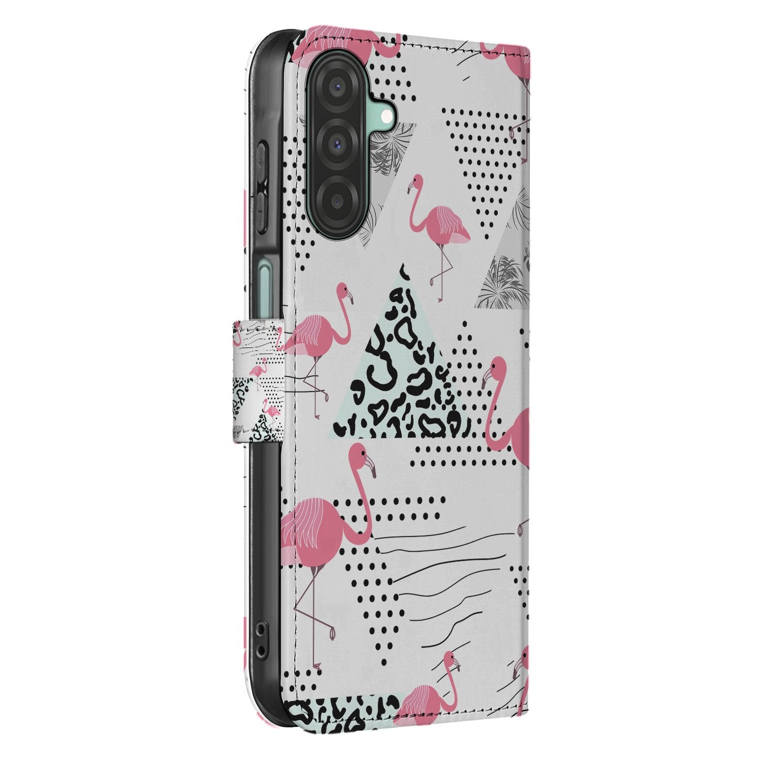 Samsung Galaxy A17 Telefoonhoesje met Pasjes Flamingo Triangle boekhoesje flamingo design zijkant