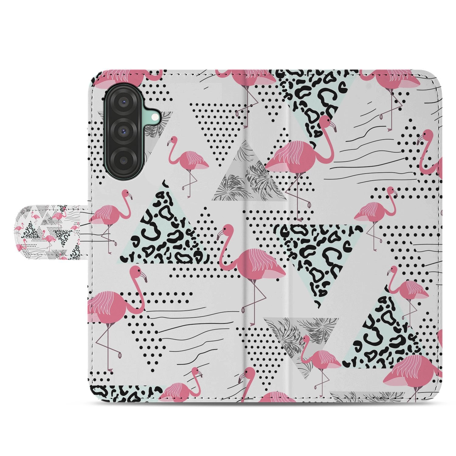 Samsung Galaxy A17 Telefoonhoesje met Pasjes Flamingo Triangle boekhoesje flamingo design aanzicht