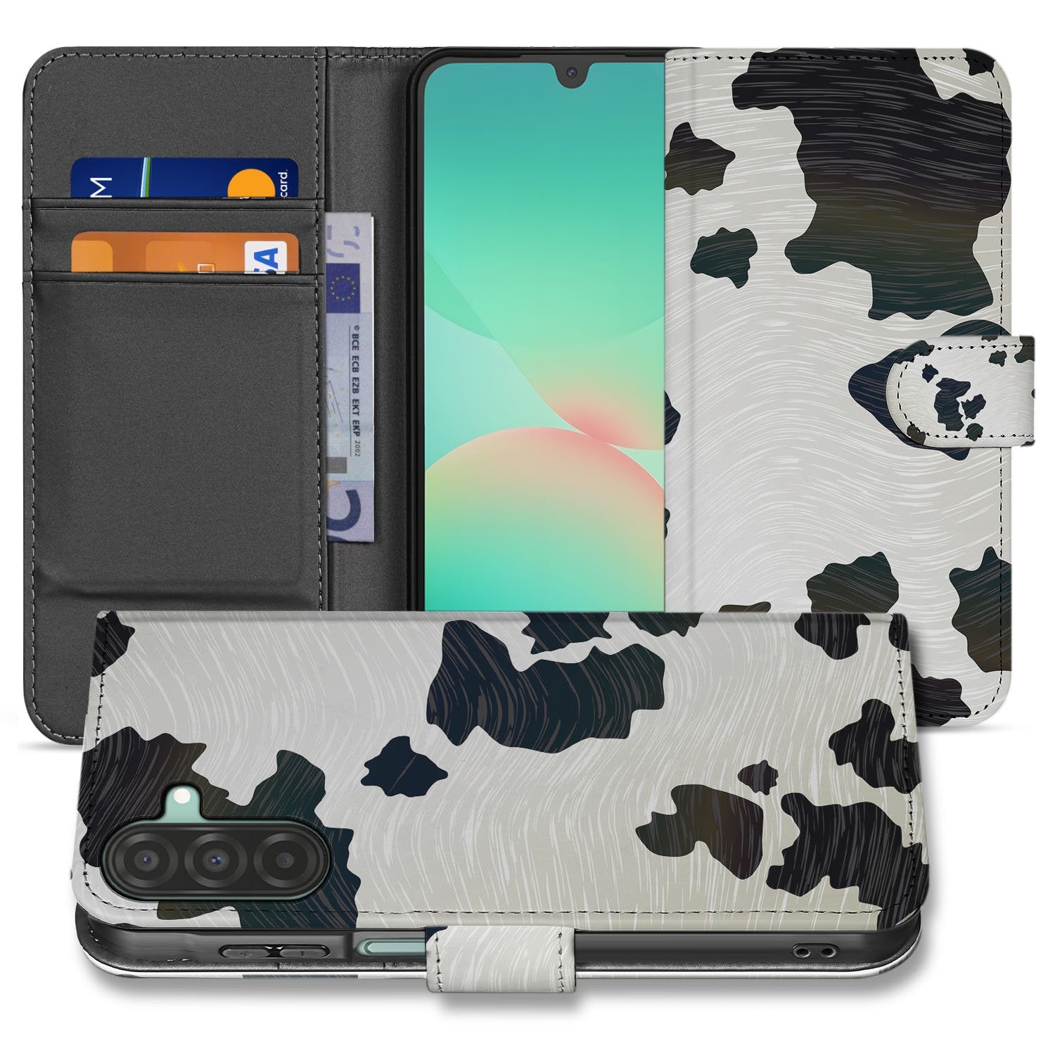 Samsung Galaxy A17 Telefoonhoesje met Pasjes Koeienvlekken bookcase voorkant en achterkant
