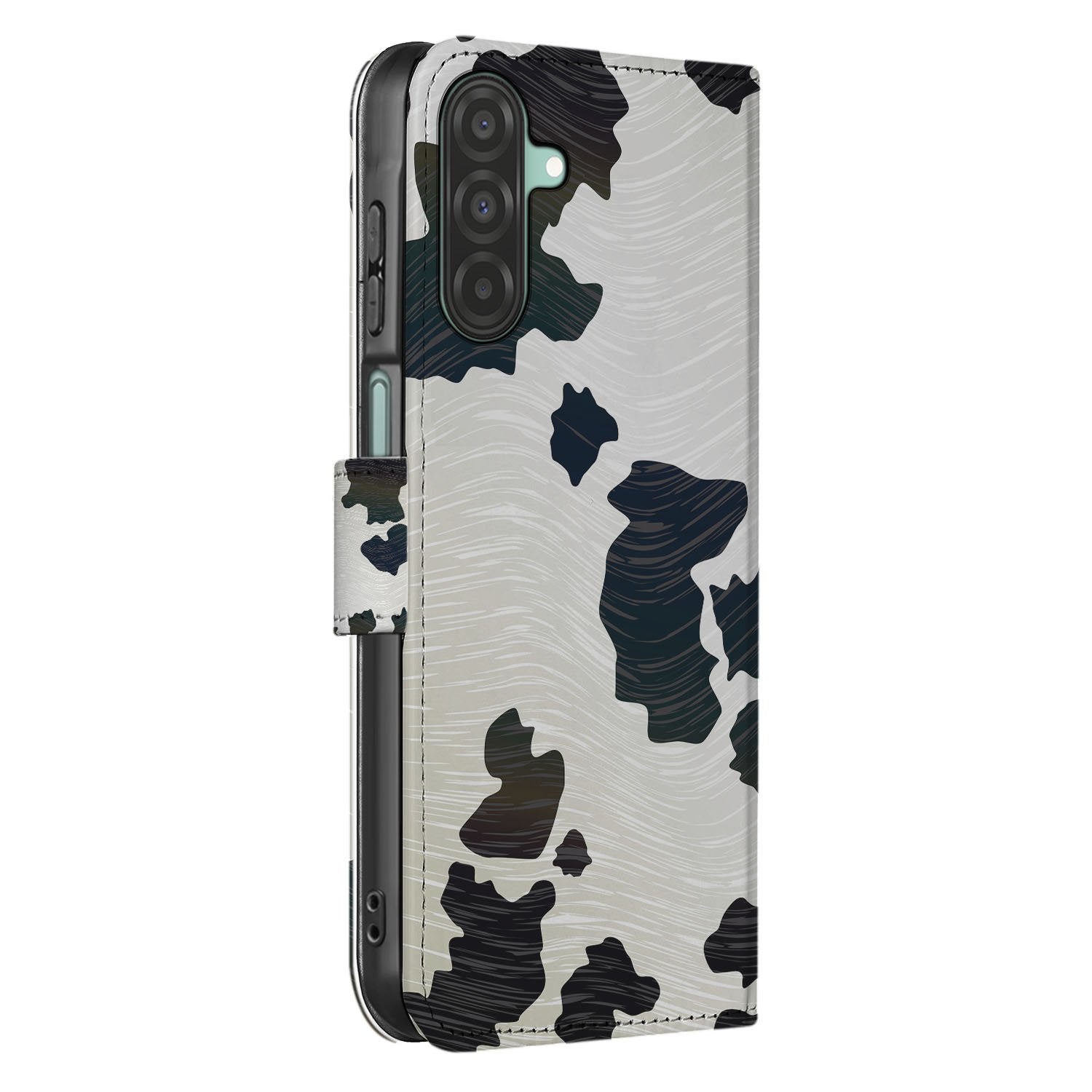 Samsung Galaxy A17 Telefoonhoesje met Pasjes Koeienvlekken book case zwart wit design aanzicht