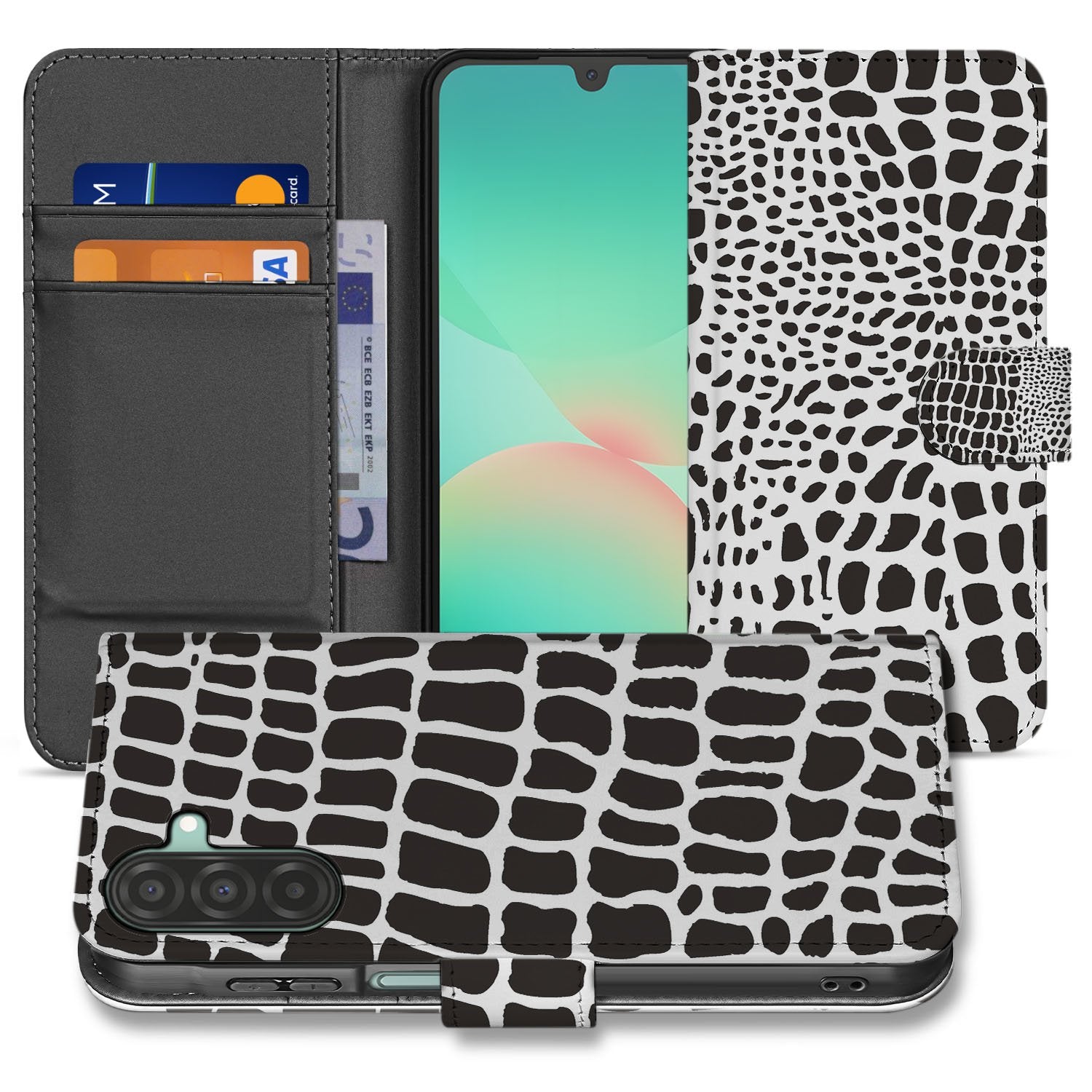 Samsung Galaxy A17 Telefoonhoesje met Pasjes Slangenprint boekhoesje zwart-witte design voorkant