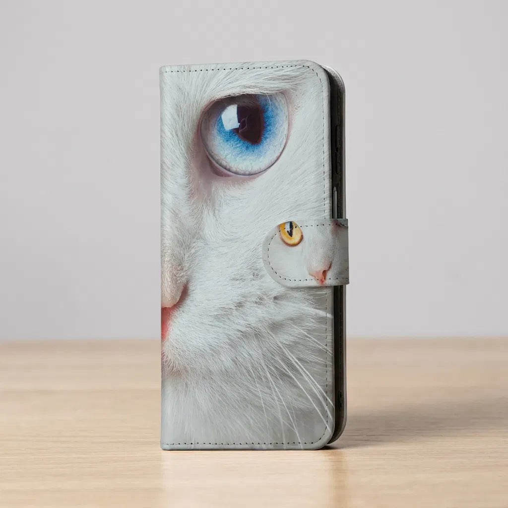 Samsung Galaxy A17 Telefoonhoesje met Pasjes Witte Kat book case witte kat print aanzicht