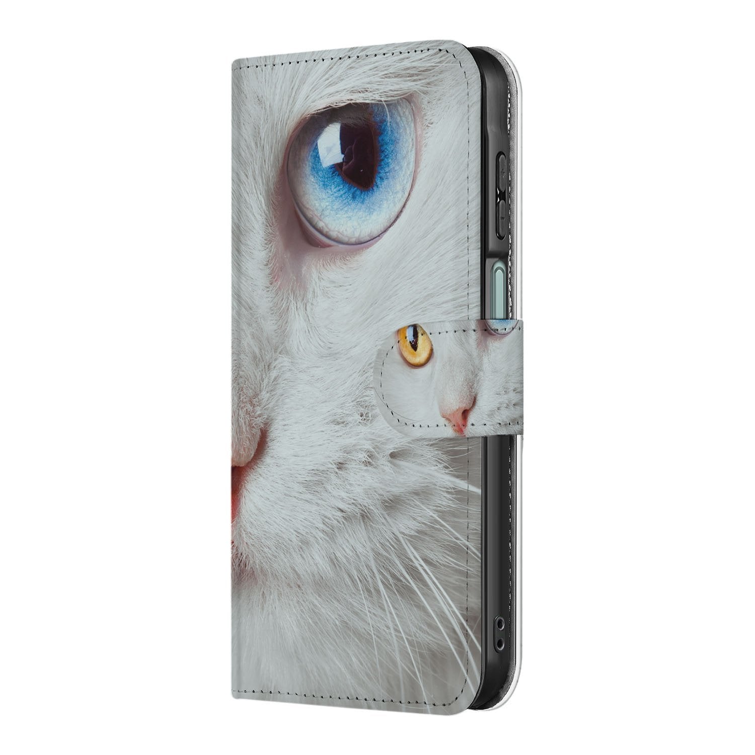 Samsung Galaxy A17 Telefoonhoesje met Pasjes Witte Kat book case kat print zijaanzicht