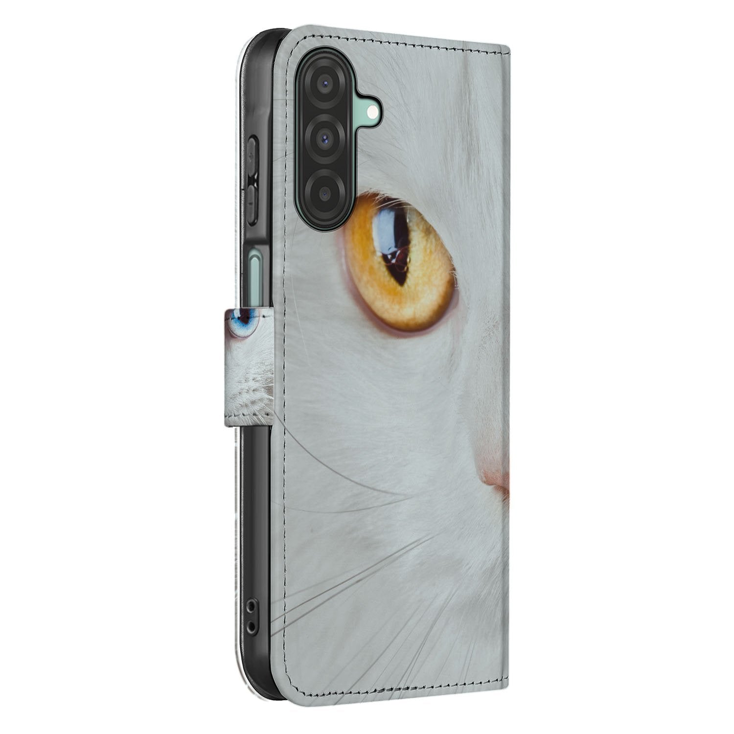 Samsung Galaxy A17 Telefoonhoesje met Pasjes Witte Kat book case kattenprint zijaanzicht