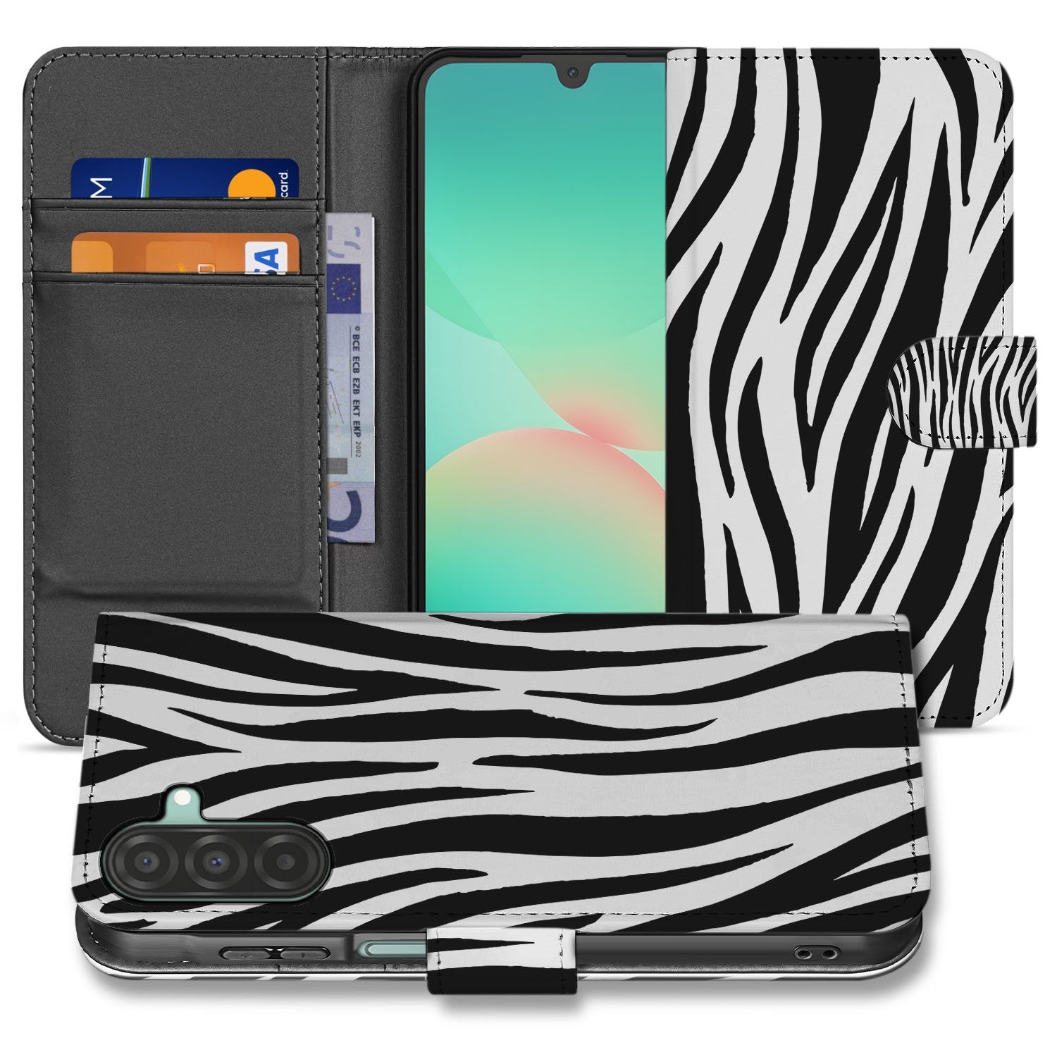 Samsung Galaxy A17 Telefoonhoesje met Pasjes Zebra bookcase zebra-dessin voorkant