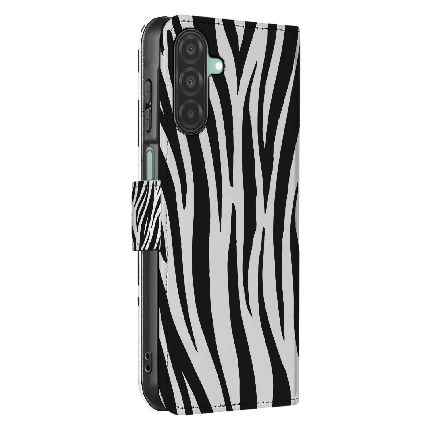 Samsung Galaxy A17 Telefoonhoesje met Pasjes Zebra book case zebra print zwart wit zijaanzicht