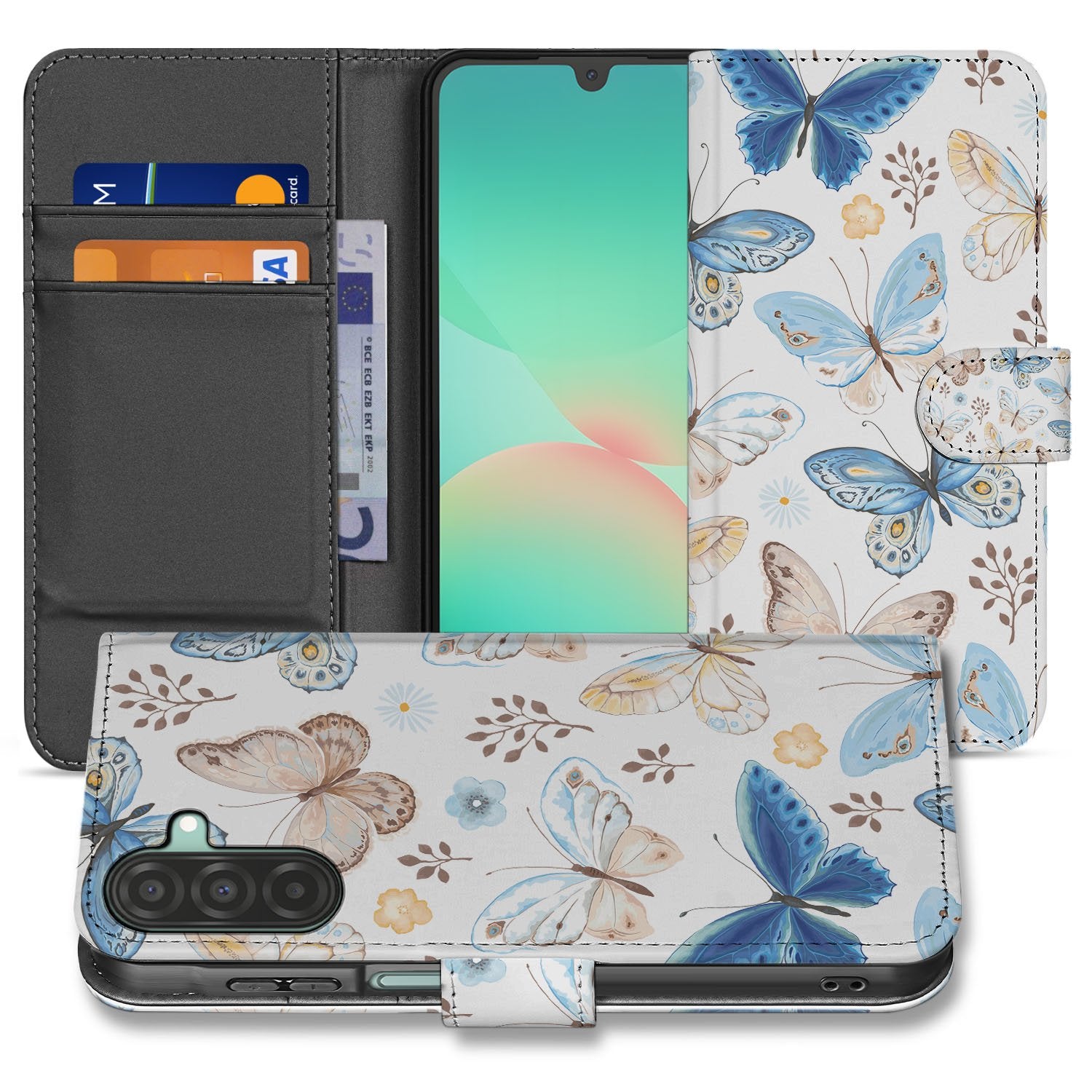 Samsung Galaxy A17 Vlinder Wallet Hoesje Met 3 Pasjes PU Leder vlinderdesign voorzijde