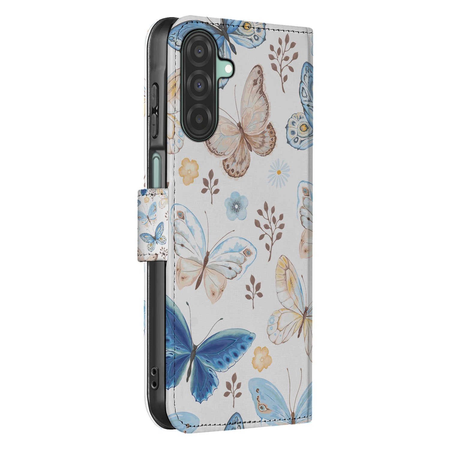 Samsung Galaxy A17 Vlinder Wallet Hoesje Met 3 Pasjes PU Leder vlinderdesign aanzicht zijkant