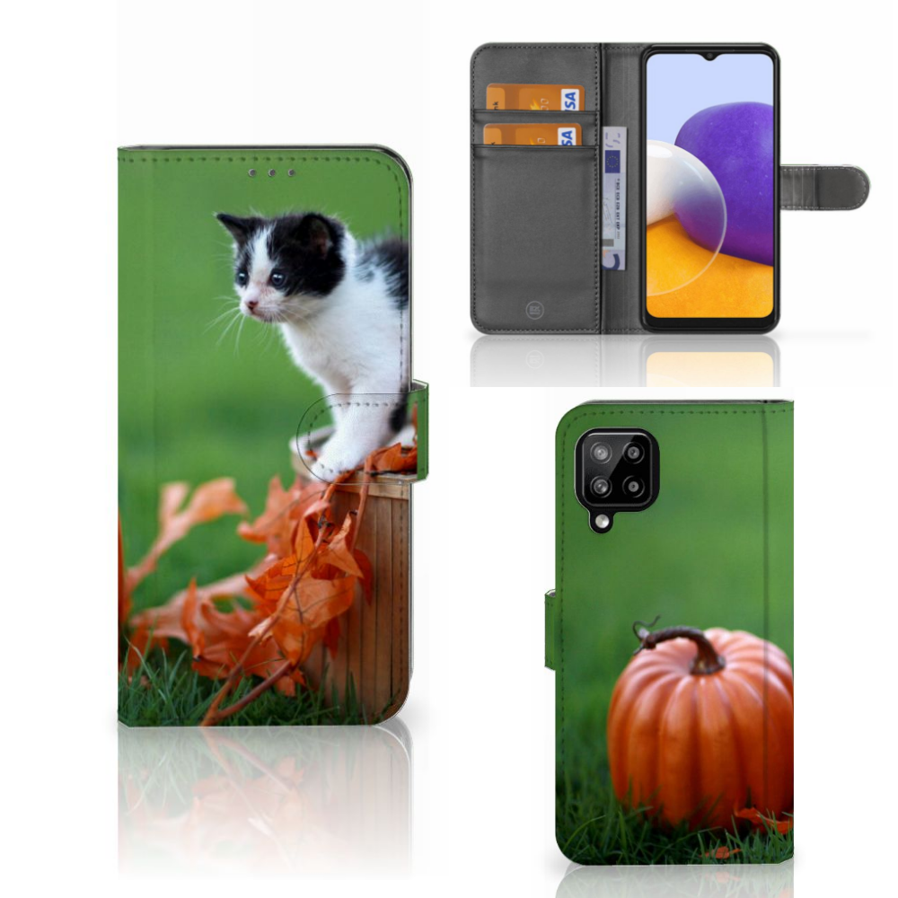 Samsung Galaxy A22 4G M22 Telefoonhoesje met Pasjes Kitten voorzijde achterzijde aanzicht