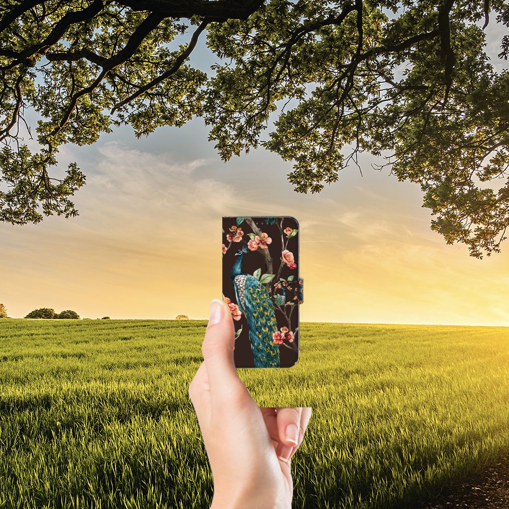 Samsung Galaxy A22 4G M22 Telefoonhoesje met Pasjes Pauw met Bloemen telefoonhoesje pauw bloemen aanzicht