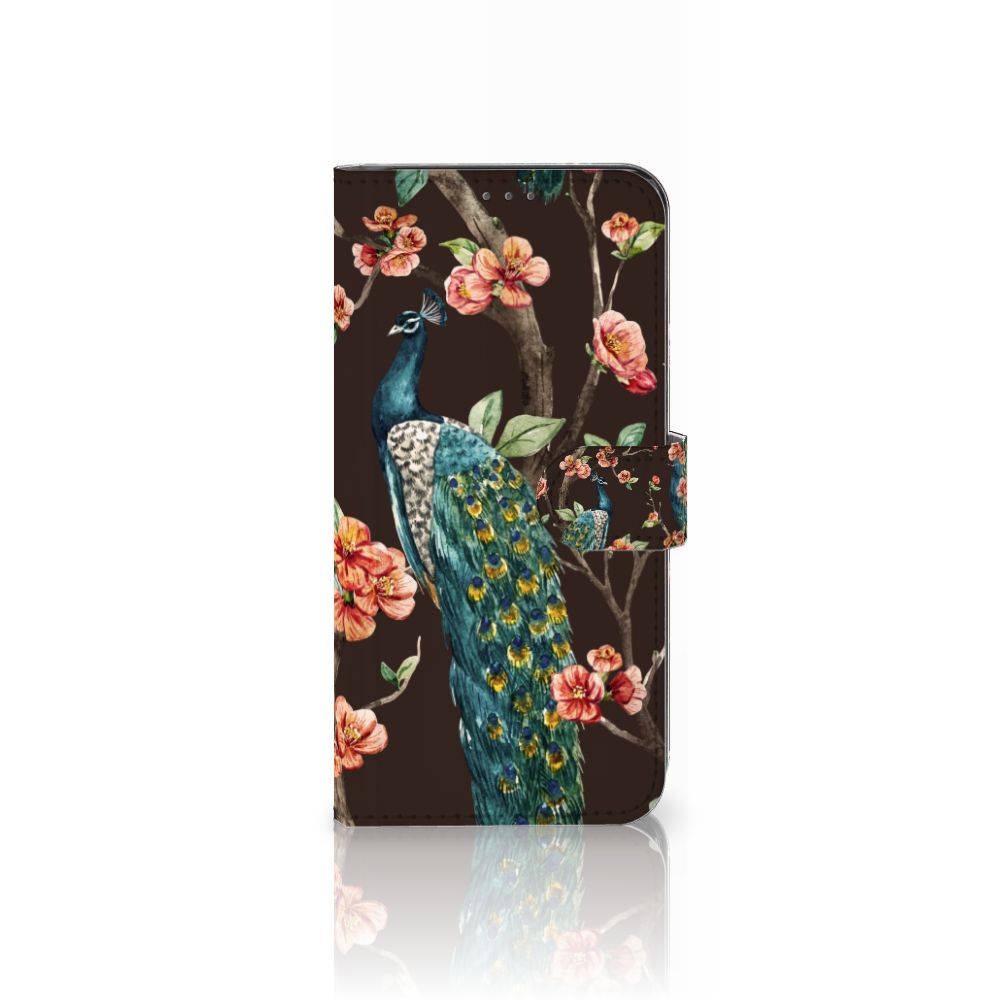 Samsung Galaxy A22 4G M22 Telefoonhoesje met Pasjes Pauw met Bloemen telefoonhoesje pauw bloemen design voorkant