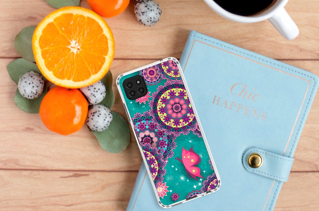 Samsung Galaxy A22 5G Back Cover Cirkels en Vlinders smartphonehoesje design achteraanzicht