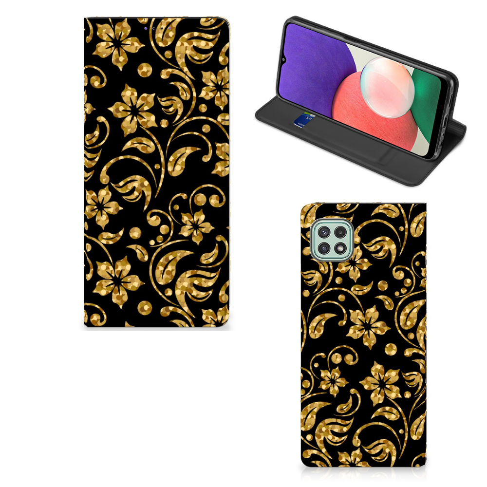Samsung Galaxy A22 5G Smart Cover Gouden Bloemen design voorkant achterkant