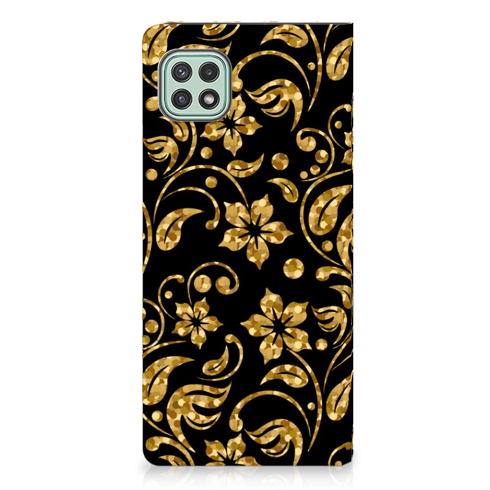 Samsung Galaxy A22 5G Smart Cover Gouden Bloemen bloemen zwart goud