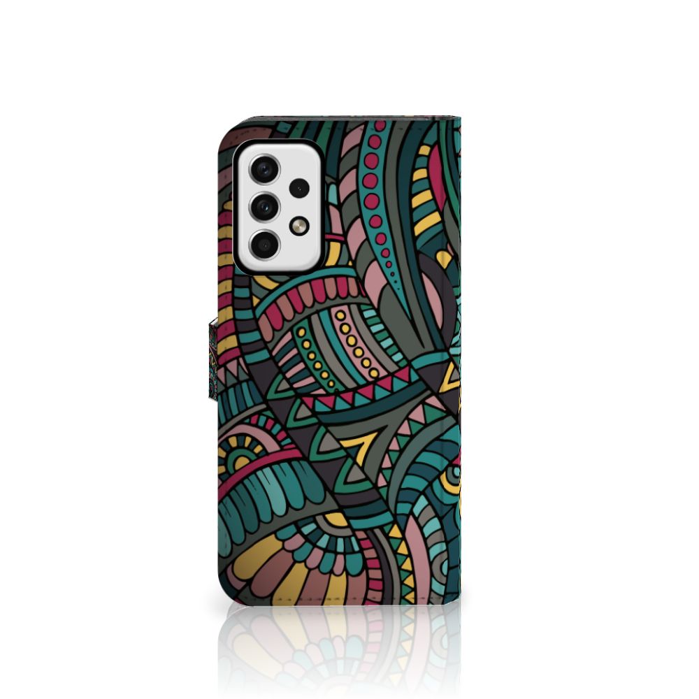 Samsung Galaxy A23 Telefoon Hoesje Aztec telefoonhoesje kleurvol design met geometrische patronen aanzicht