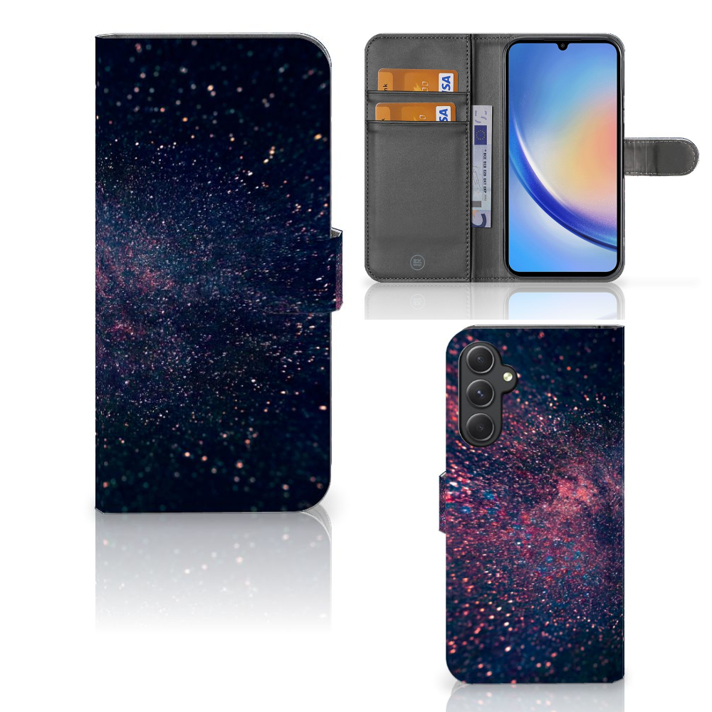 Samsung Galaxy A24 4G Book Case Stars ontwerp sterren zwart paarse blauwe kleur
