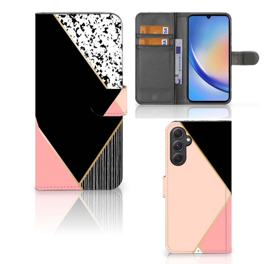 Samsung Galaxy A24 4G Book Case Zwart Roze Vormen boekcase geometrisch ontwerp voorkant achterkant