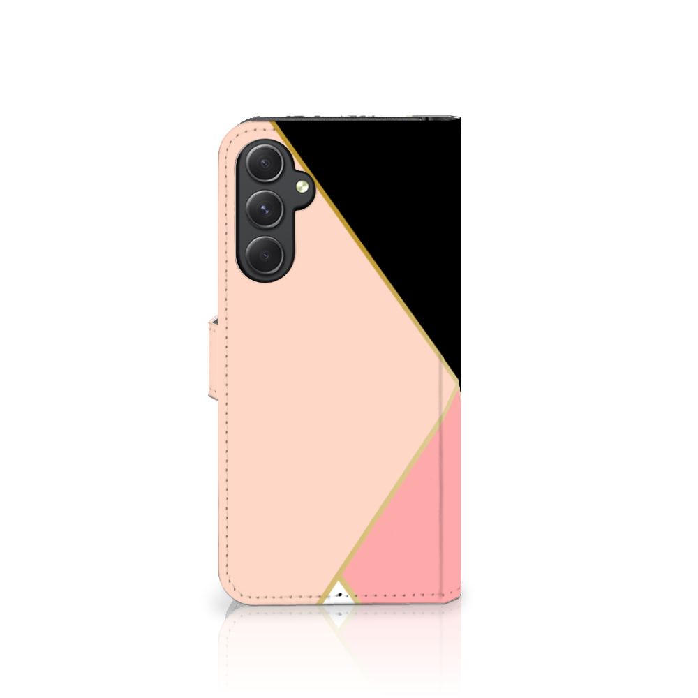 Samsung Galaxy A24 4G Book Case Zwart Roze Vormen Bookcase Geometrisch Design Zijkant