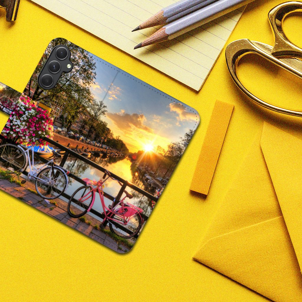 Samsung Galaxy A24 4G Flip Cover Amsterdamse Grachten fietsen bloemen zonsondergang