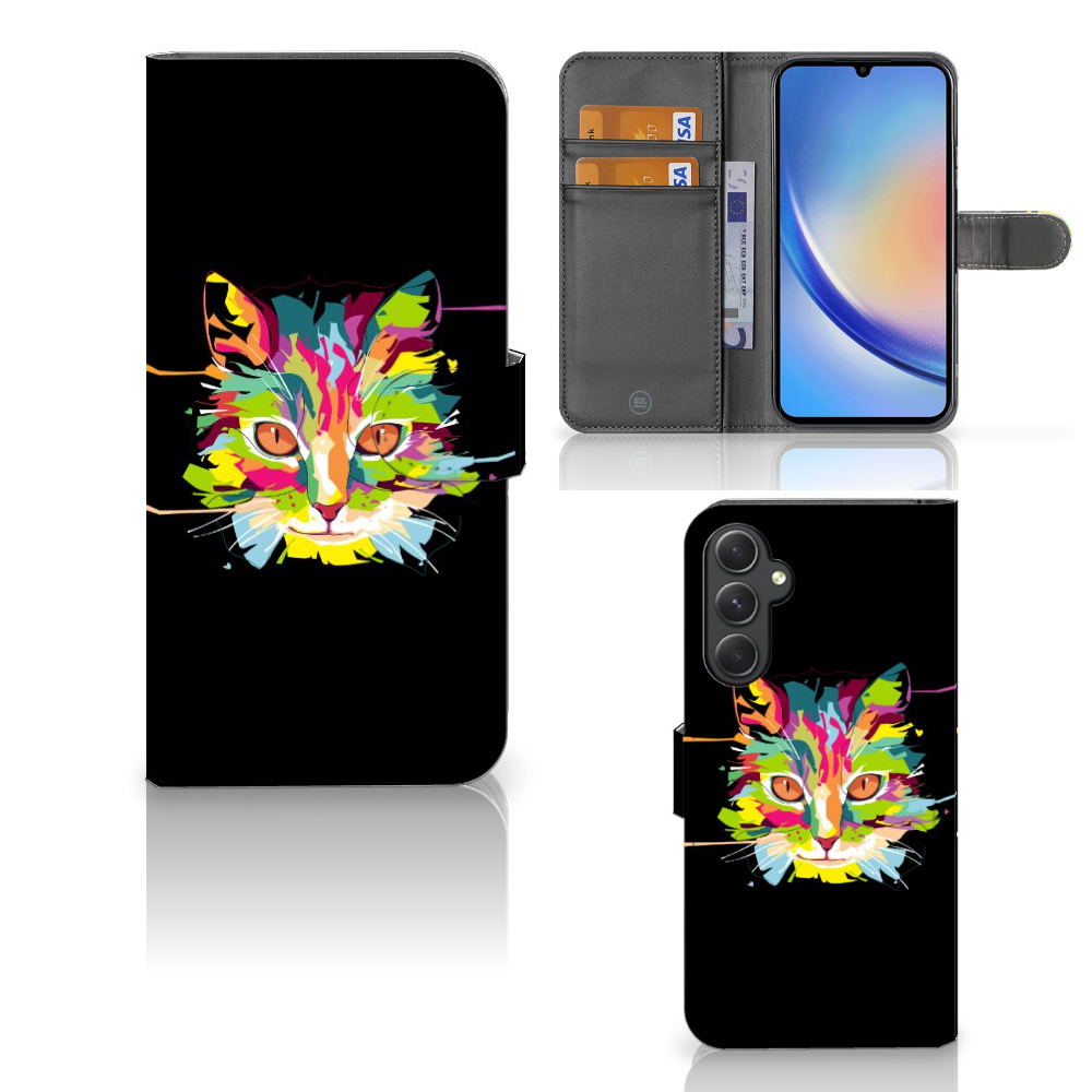 Samsung Galaxy A24 4G Leuk Hoesje Cat Color hoesje kat kleurrijk zwart