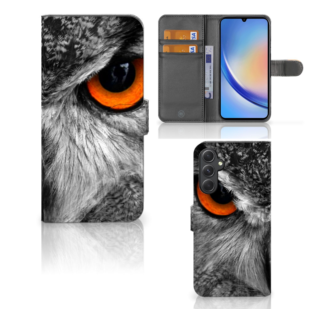 Samsung Galaxy A24 4G Telefoonhoesje met Pasjes Uil telefoonhoesje uil design voorzijde zijaanzicht