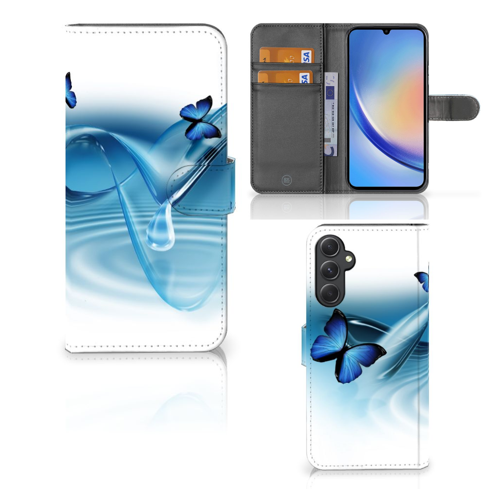 Samsung Galaxy A24 4G Telefoonhoesje met Pasjes Vlinders bookstyle case blauwe vlinders aanzicht