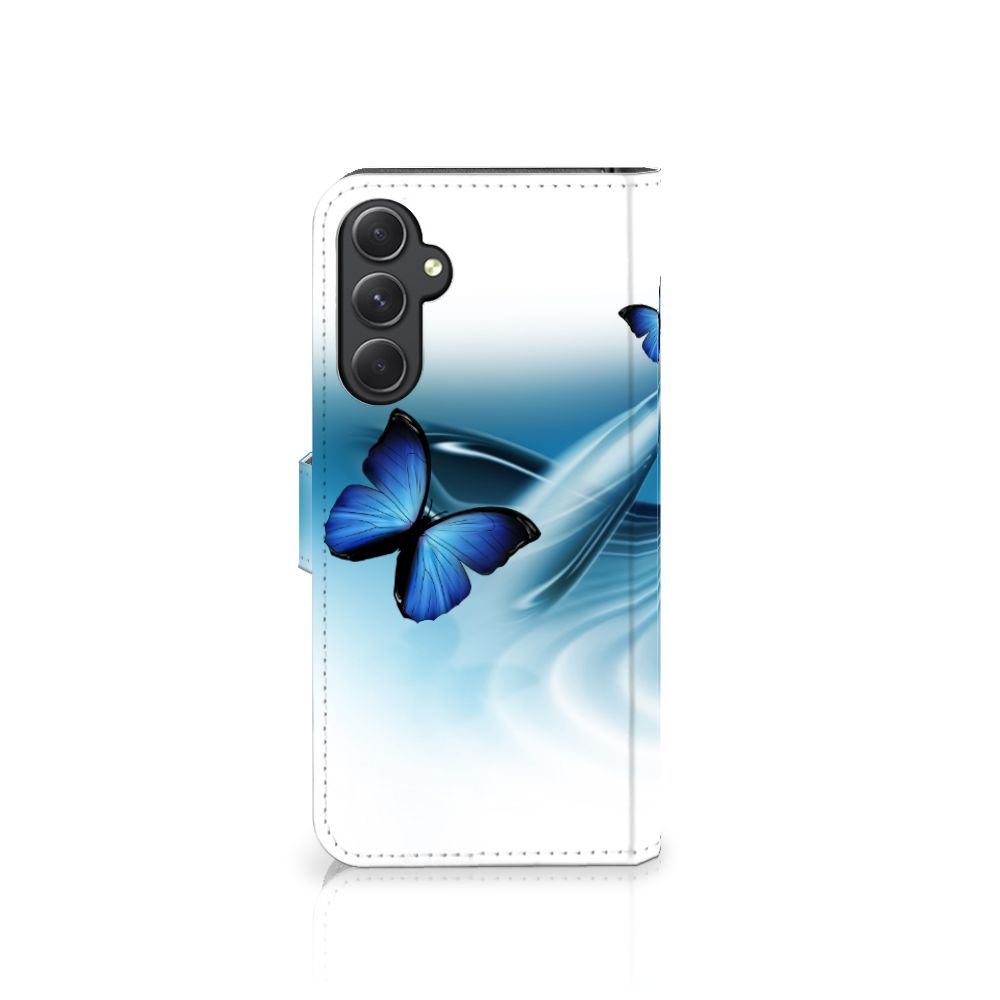 Samsung Galaxy A24 4G Telefoonhoesje met Pasjes Vlinders bookstyle hoes blauwe vlinders aanzicht