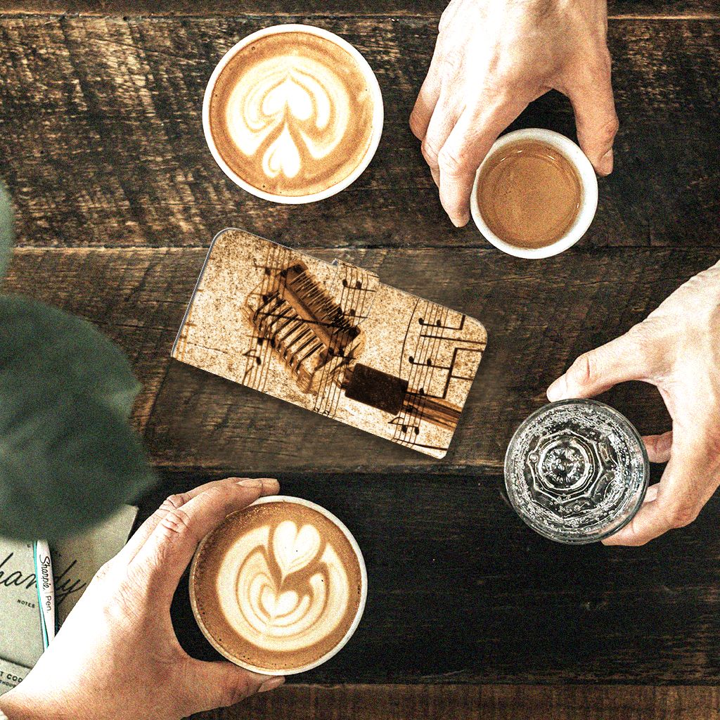 Samsung Galaxy A24 4G Telefoonhoesje met foto Bladmuziek bovenaanzicht koffie