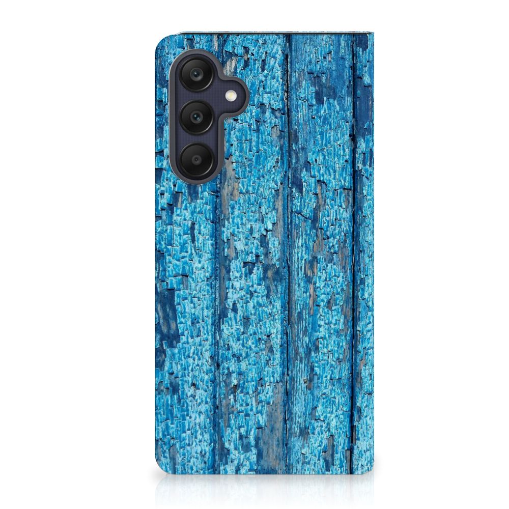 Samsung Galaxy A25 Book Wallet Case Wood Blue blauw hout design achterkant