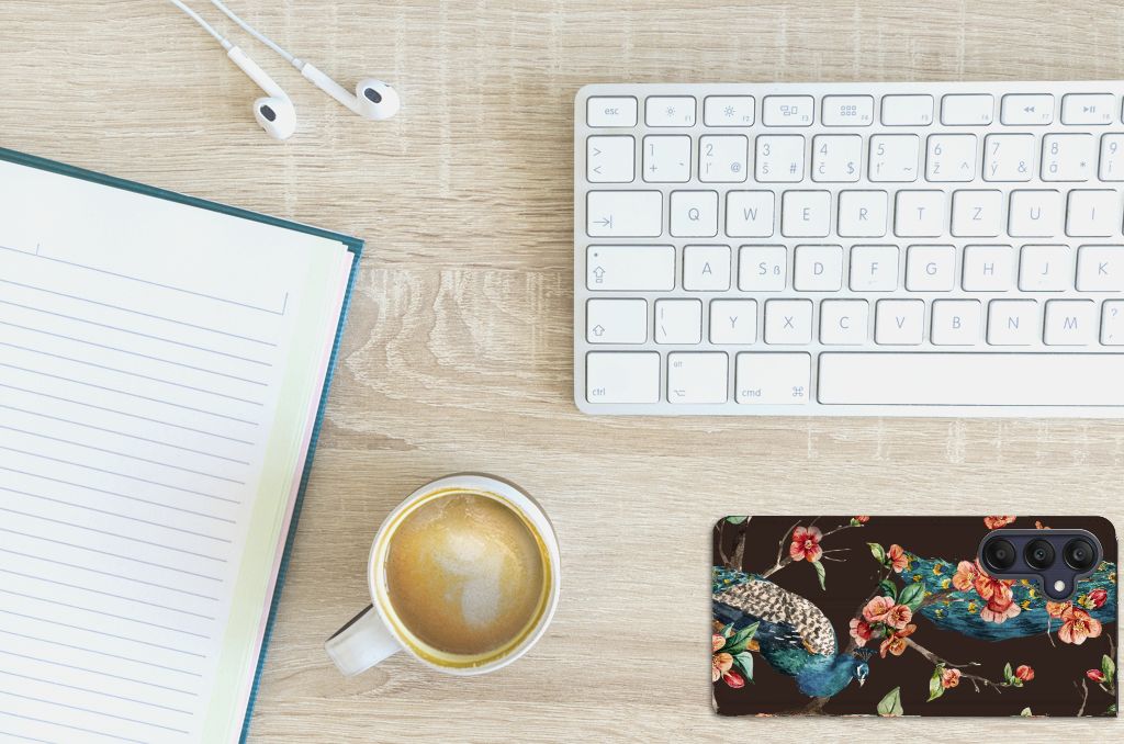 Samsung Galaxy A25 Hoesje maken Pauw met Bloemen smartphone hoesje bureau bloemen pauw