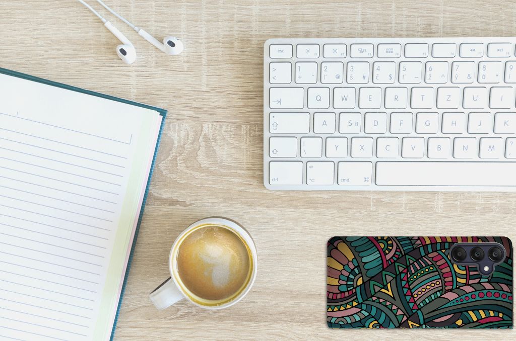 Samsung Galaxy A25 Hoesje met Magneet Aztec design bovenaanzicht bureau