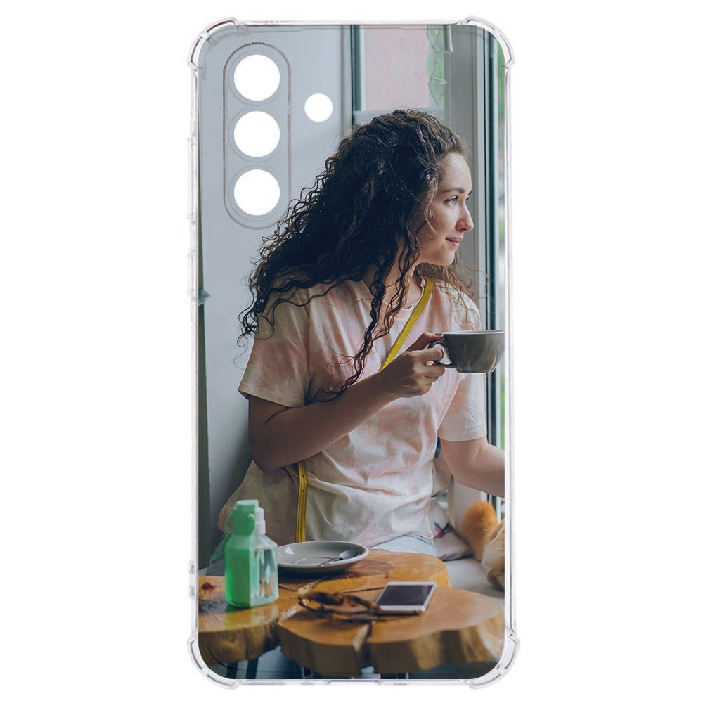 Samsung Galaxy A26 Anti-Shock Back Cover Hoesje Maken met Foto Duidelijke achterkant Vrouw met kopje koffie.