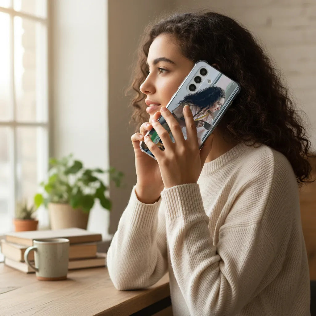 Samsung Galaxy A26 Anti-Shock Back Cover Hoesje Maken met Foto design met selfie vrouw aan de telefoon.