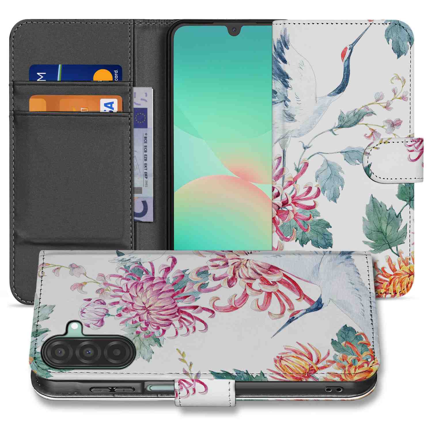 Samsung Galaxy A26 Bird Flowers Book Case bookcase design bloemen vogels aanzicht