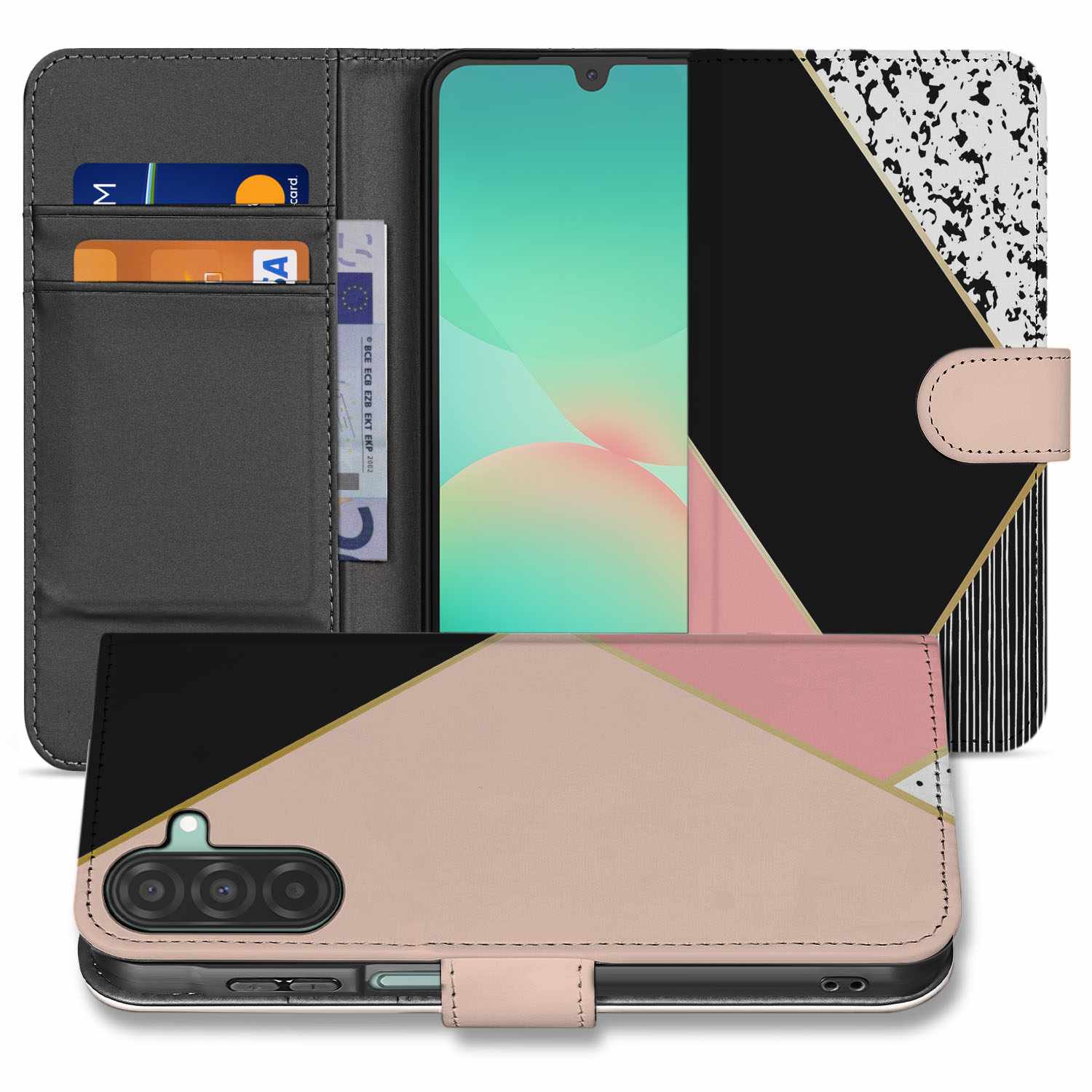 Samsung Galaxy A26 Black Pink Shapes Book Case book case ontwerp voorkant en achterkant