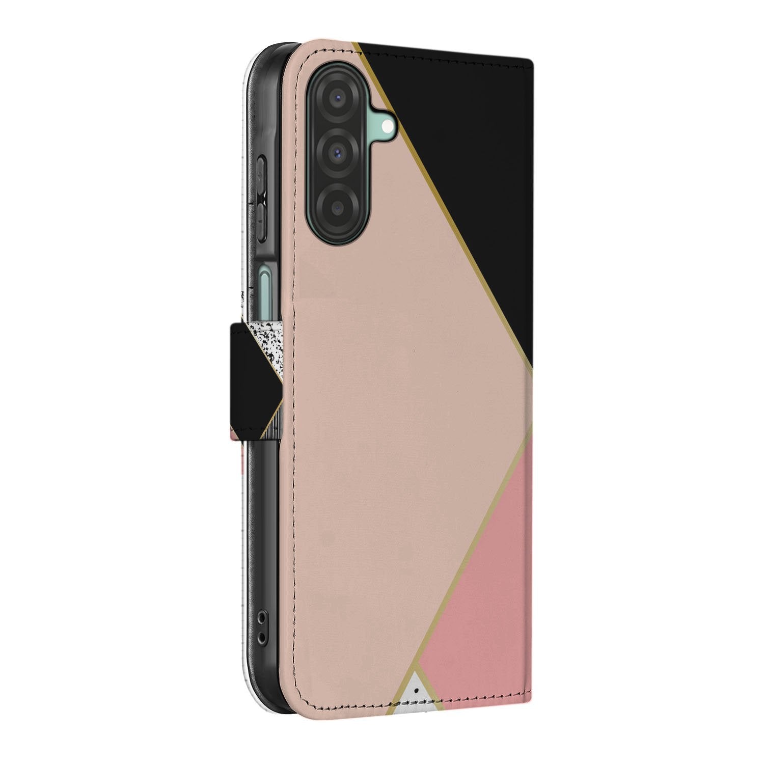 Samsung Galaxy A26 Black Pink Shapes Book Case zwart roze design aanzicht