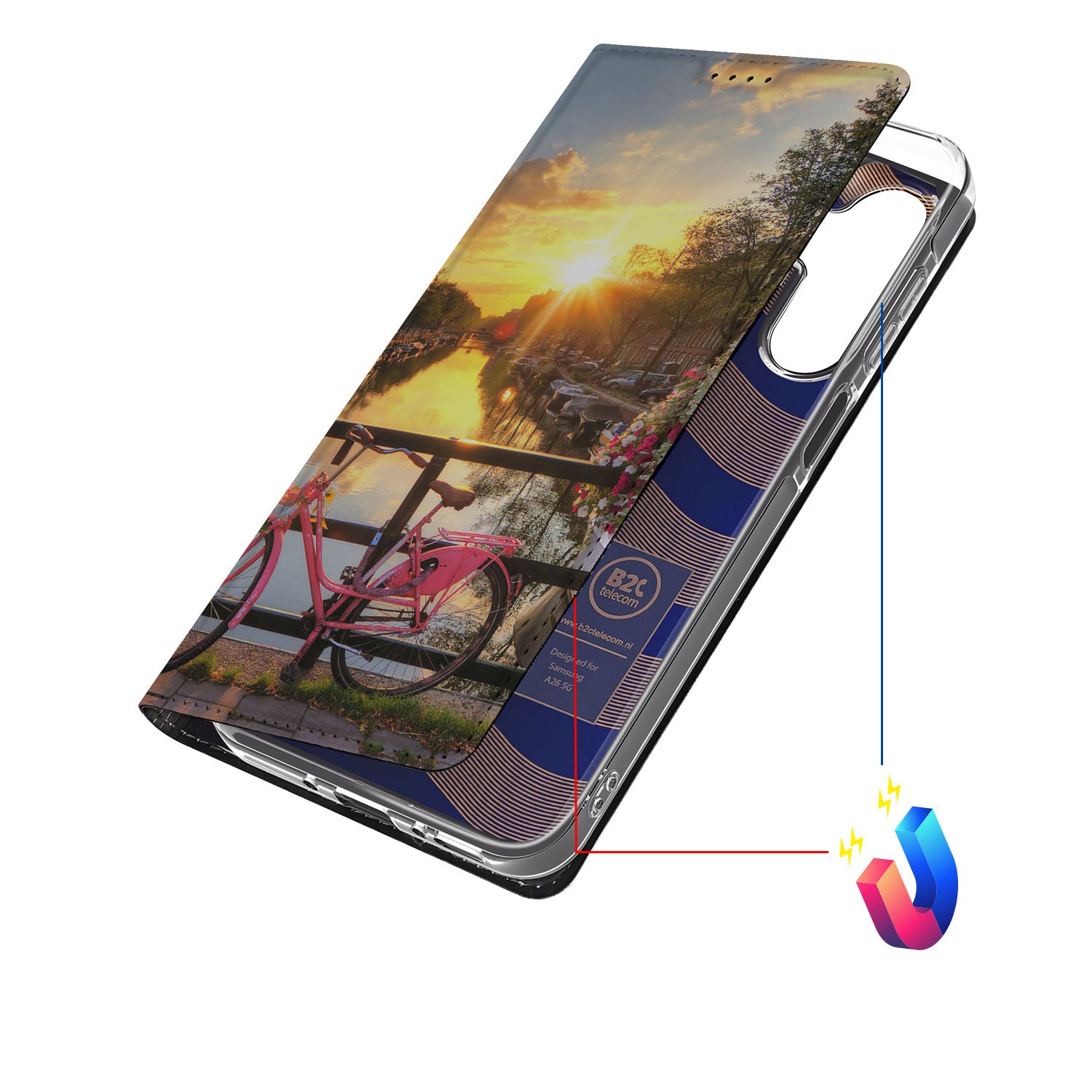 Samsung Galaxy A26 Book Cover Amsterdamse Grachten hoesje aanzicht fiets zonsondergang