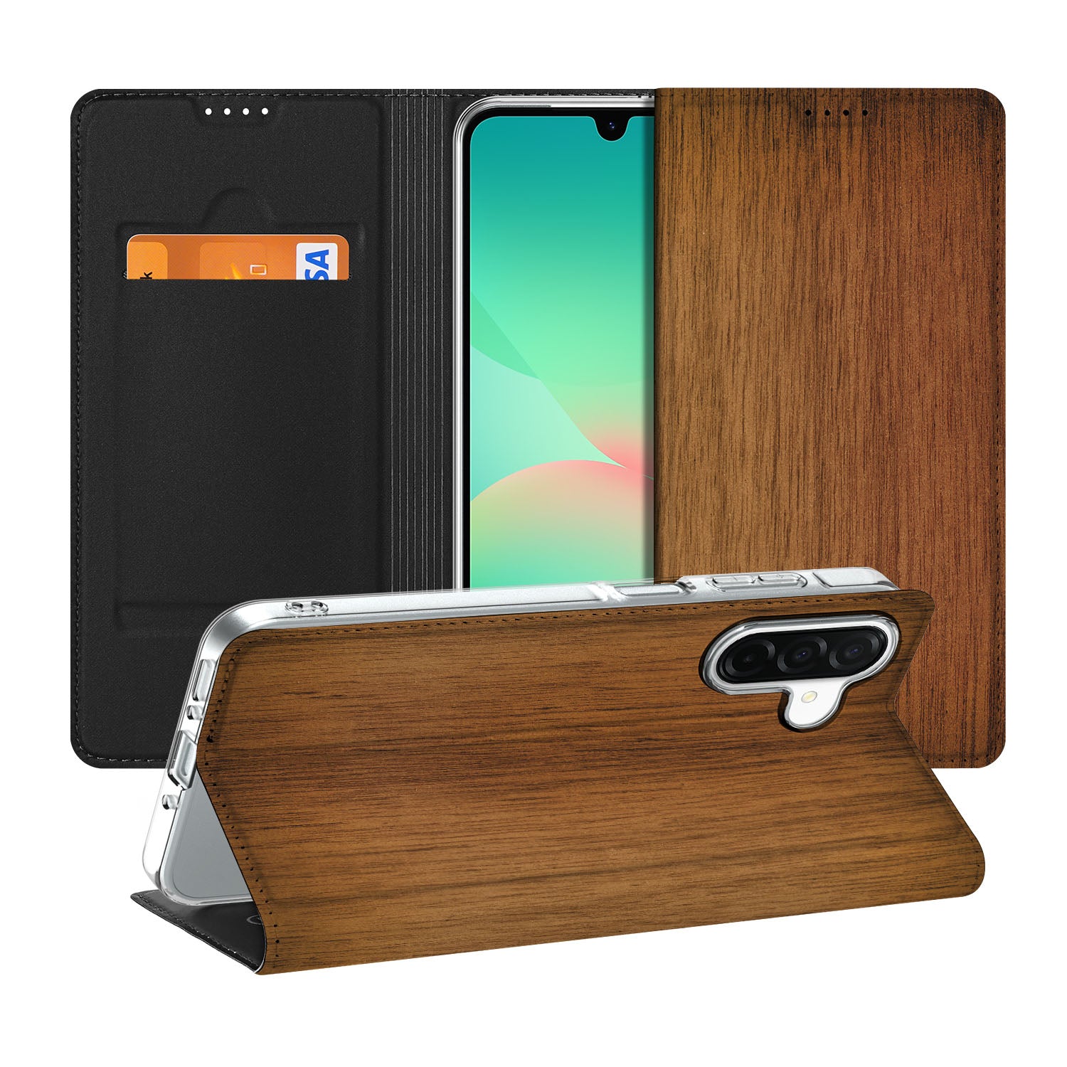 Samsung Galaxy A26 Book Wallet Case Donker Hout hoesje design donker hout aanzicht