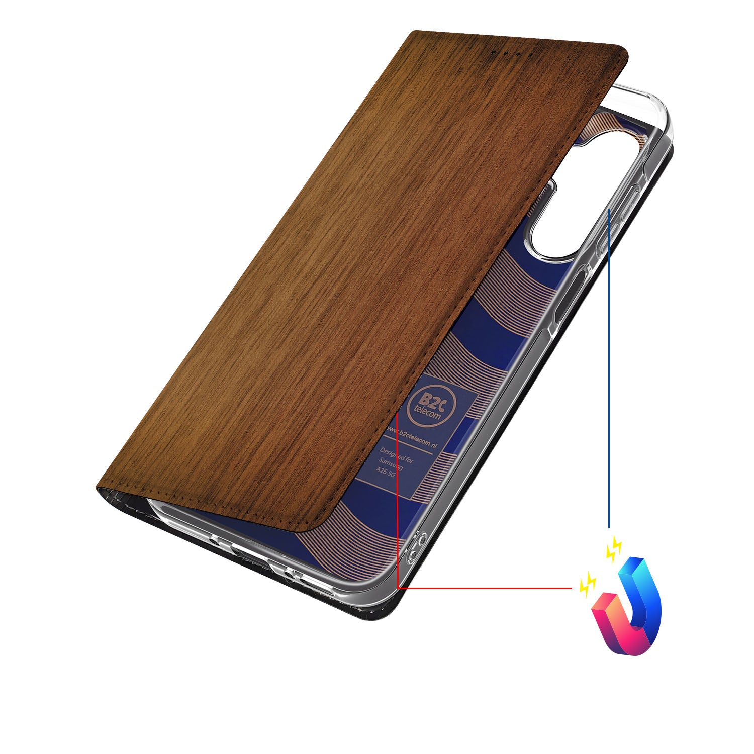 Samsung Galaxy A26 Book Wallet Case Donker Hout hoesje design donker hout aanzicht