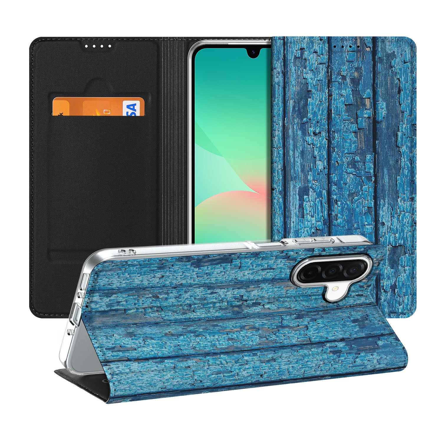 Samsung Galaxy A26 Book Wallet Case Wood Blue boekcase blauw hout aanzicht