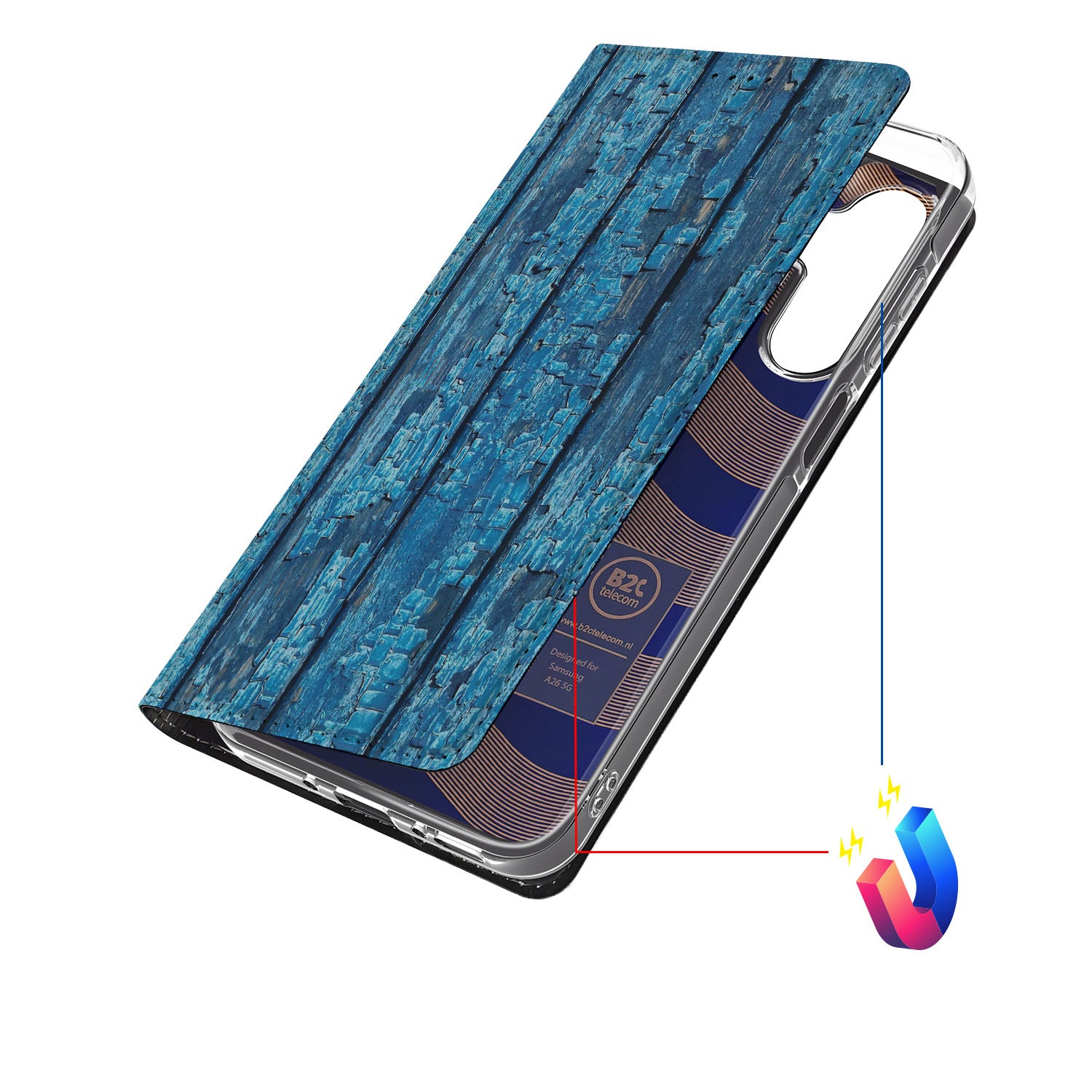 Samsung Galaxy A26 Book Wallet Case Wood Blue book wallet case blauwe hout aanzicht