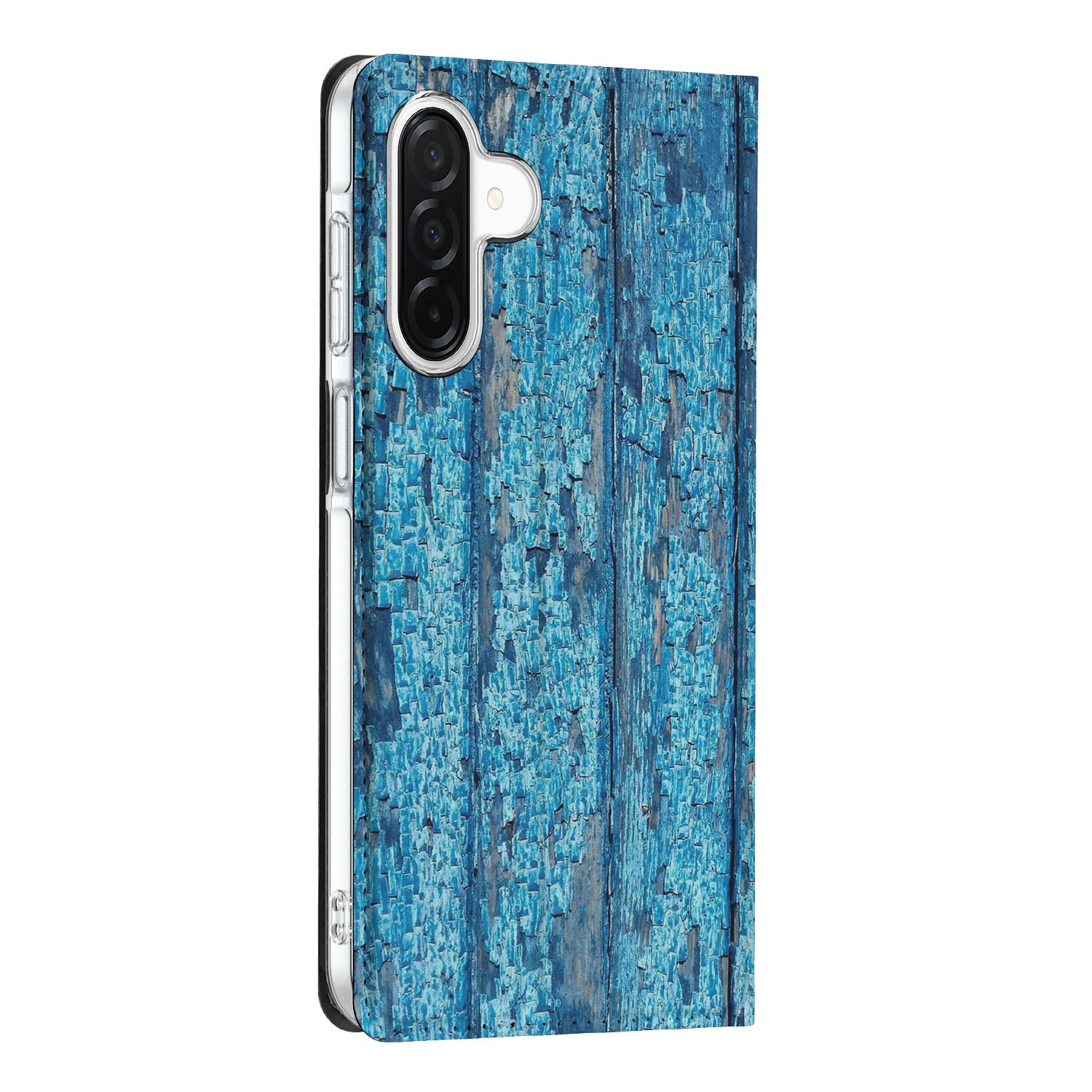 Samsung Galaxy A26 Book Wallet Case Wood Blue design blauw hout zijaanzicht