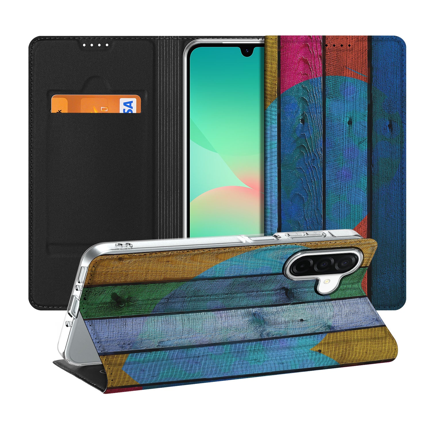 Samsung Galaxy A26 Book Wallet Case Wood Heart hoesje kleurig ontwerp aanzicht