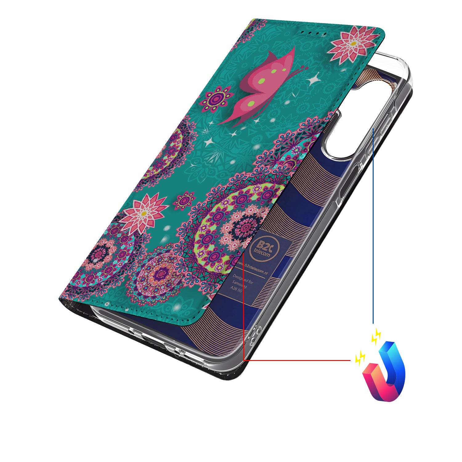 Samsung Galaxy A26 Bookcase Cirkels en Vlinders design tekening aanzicht