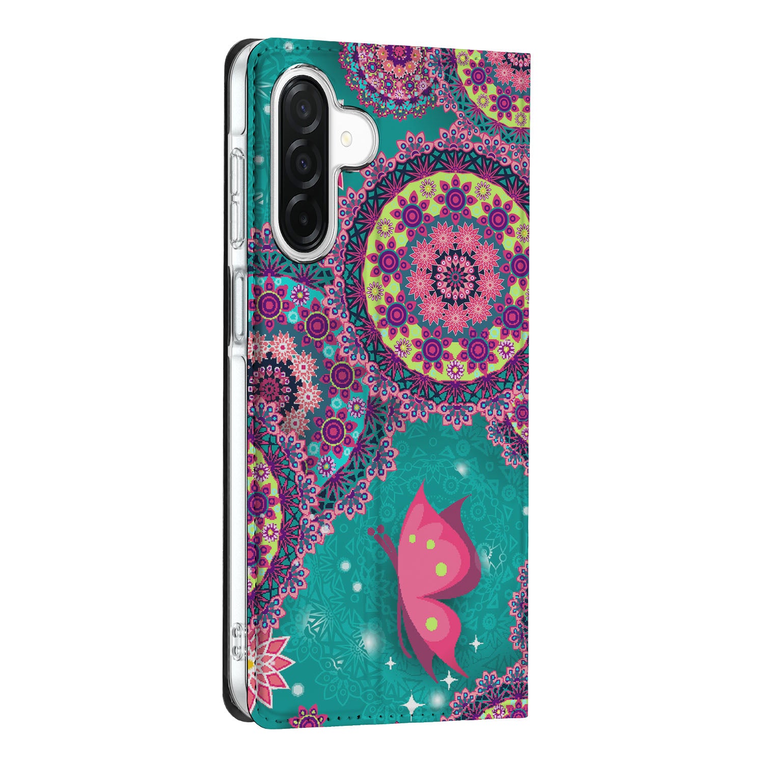 Samsung Galaxy A26 Bookcase Cirkels en Vlinders designnaam zijkant