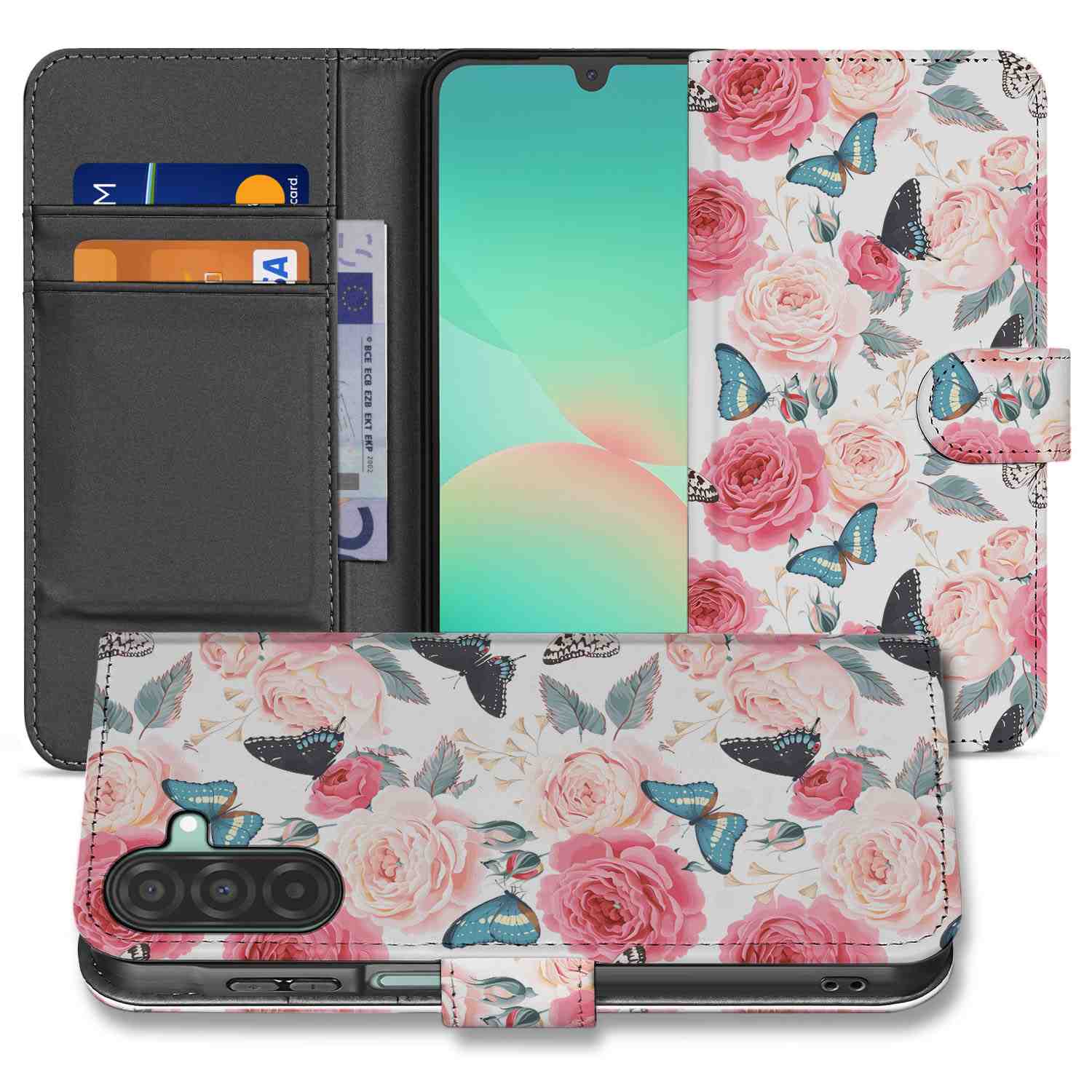 Samsung Galaxy A26 Butterfly Roses Book Case boekcase met rozen en vlinders aanzicht