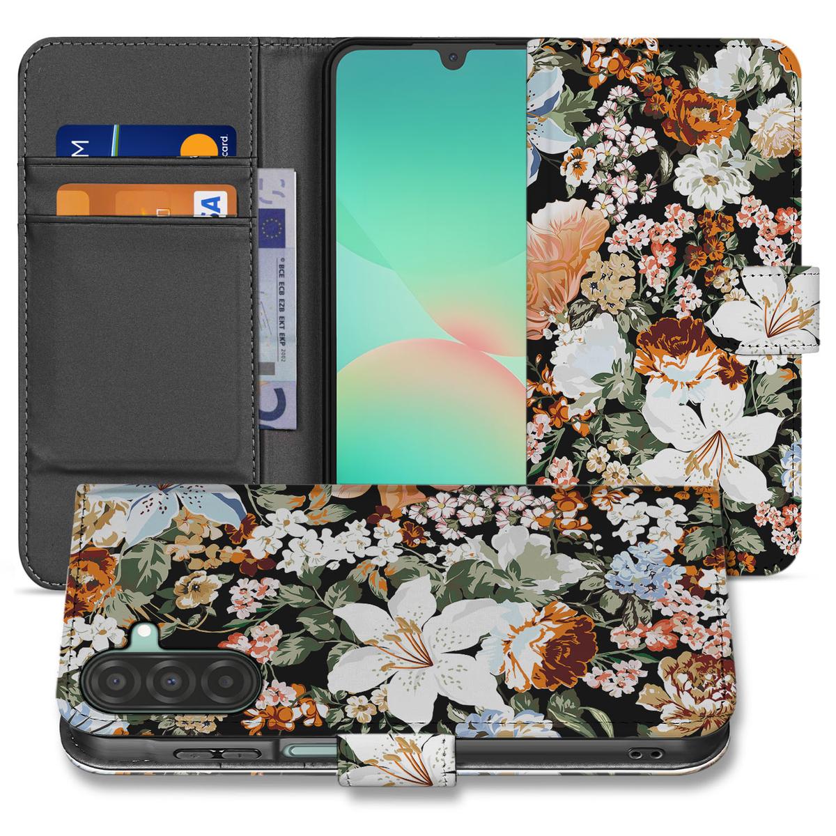 Samsung Galaxy A26 Dark Flowers Book Case boekcase design donkere bloemen aanzicht
