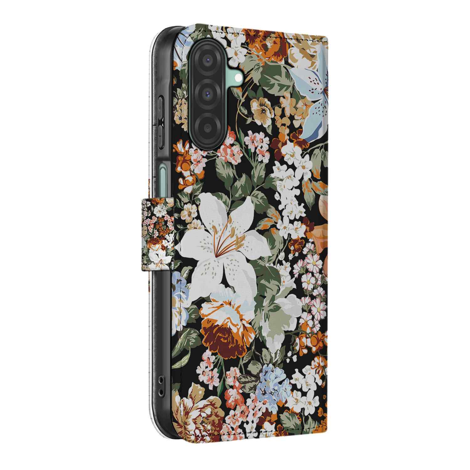Samsung Galaxy A26 Dark Flowers Book Case donker bloemen zijaanzicht