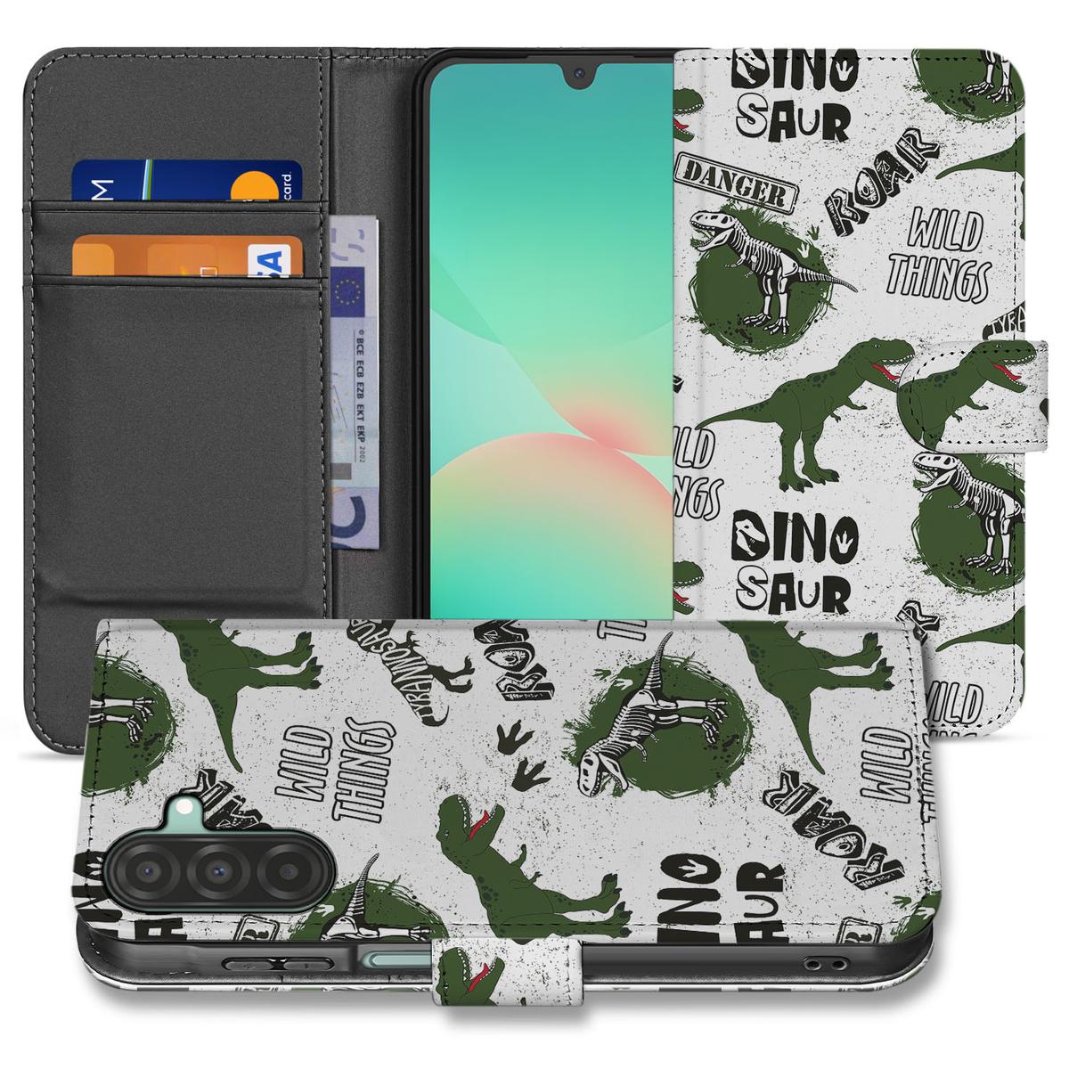 Samsung Galaxy A26 Dinosaurus Book Case dinosaurus ontwerp voorkant achterkant